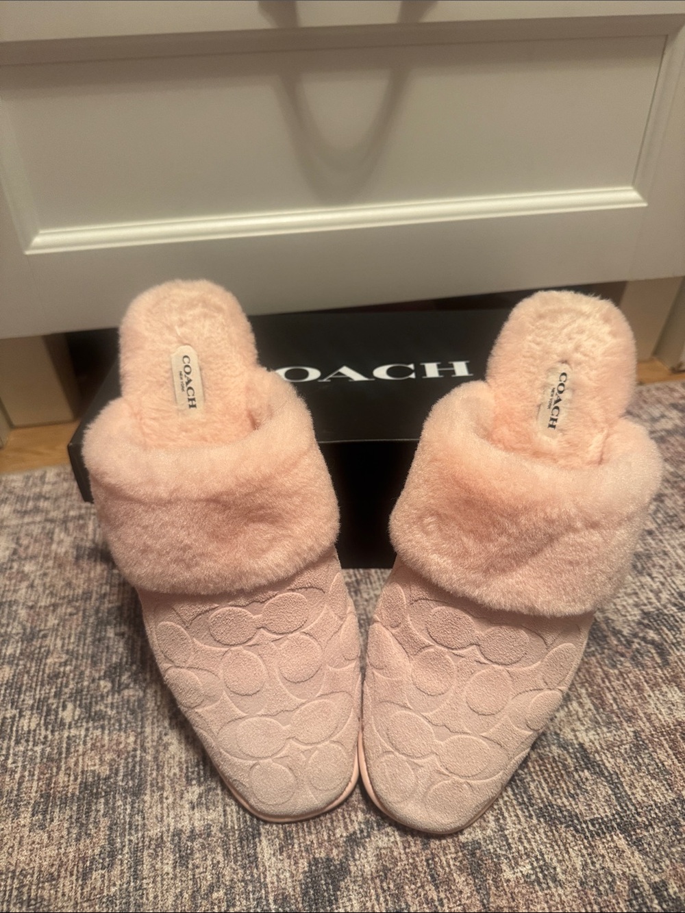 Coach Pink Plush Logo Slip-On Slippers